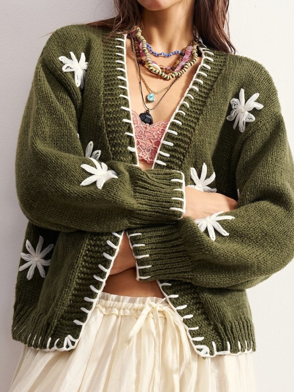 Green Casual Women's Floral Embroidered Pattern Cardigan - Picture 7 of 9